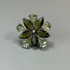 Camille Lucie Olive Green Floral Stone Silver Statement Ring